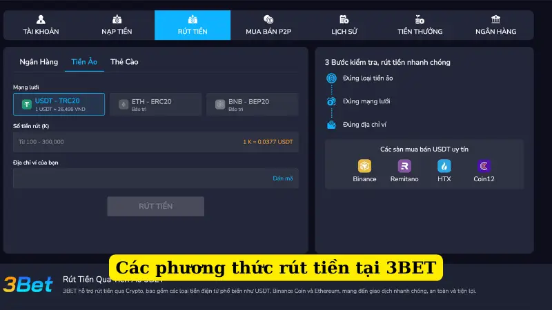 Các phương thức rút tiền tại 3BET